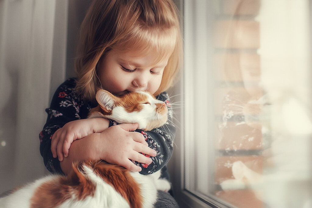 niña pequeña con gato en brazos