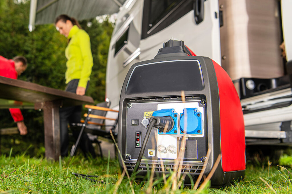 Un hombre maneja un generador inverter delante de una autocaravana