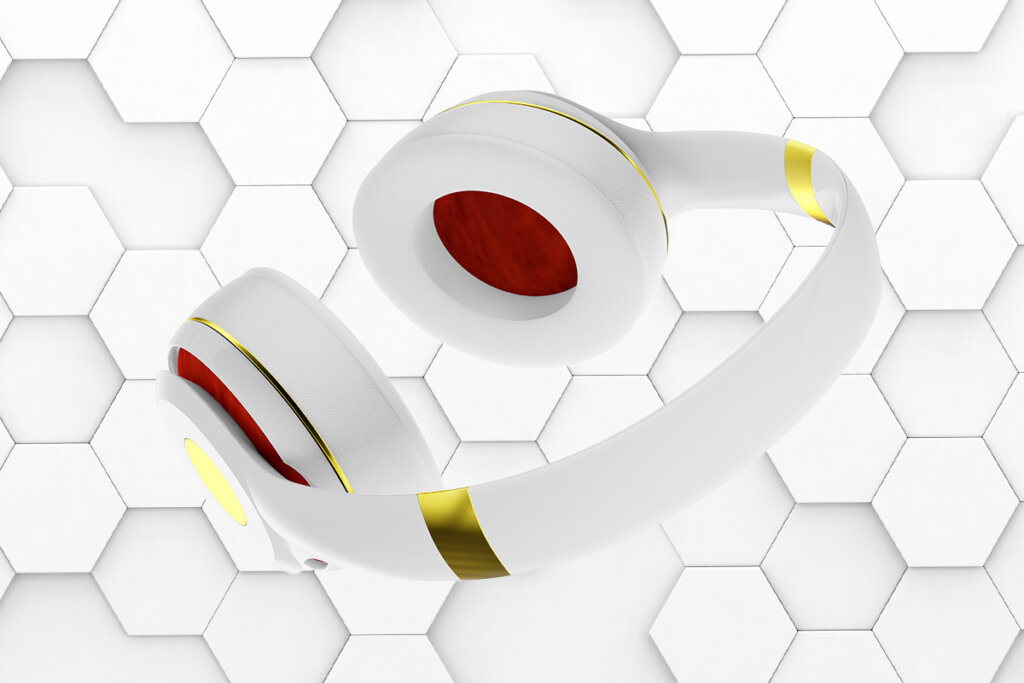 auriculares blanco rojo dorado